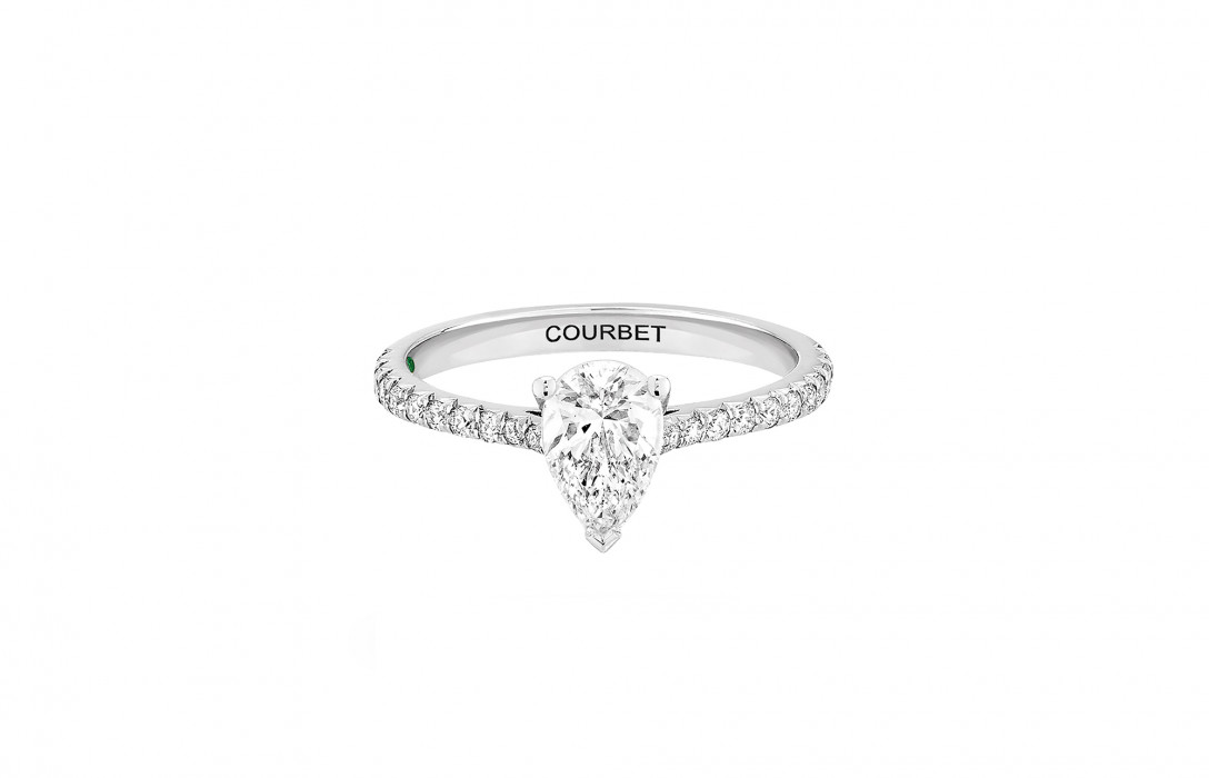 4 prongs Pear-cut ""C"" by Courbet 3/4 pavé set engagement ring in white gold - Courbet