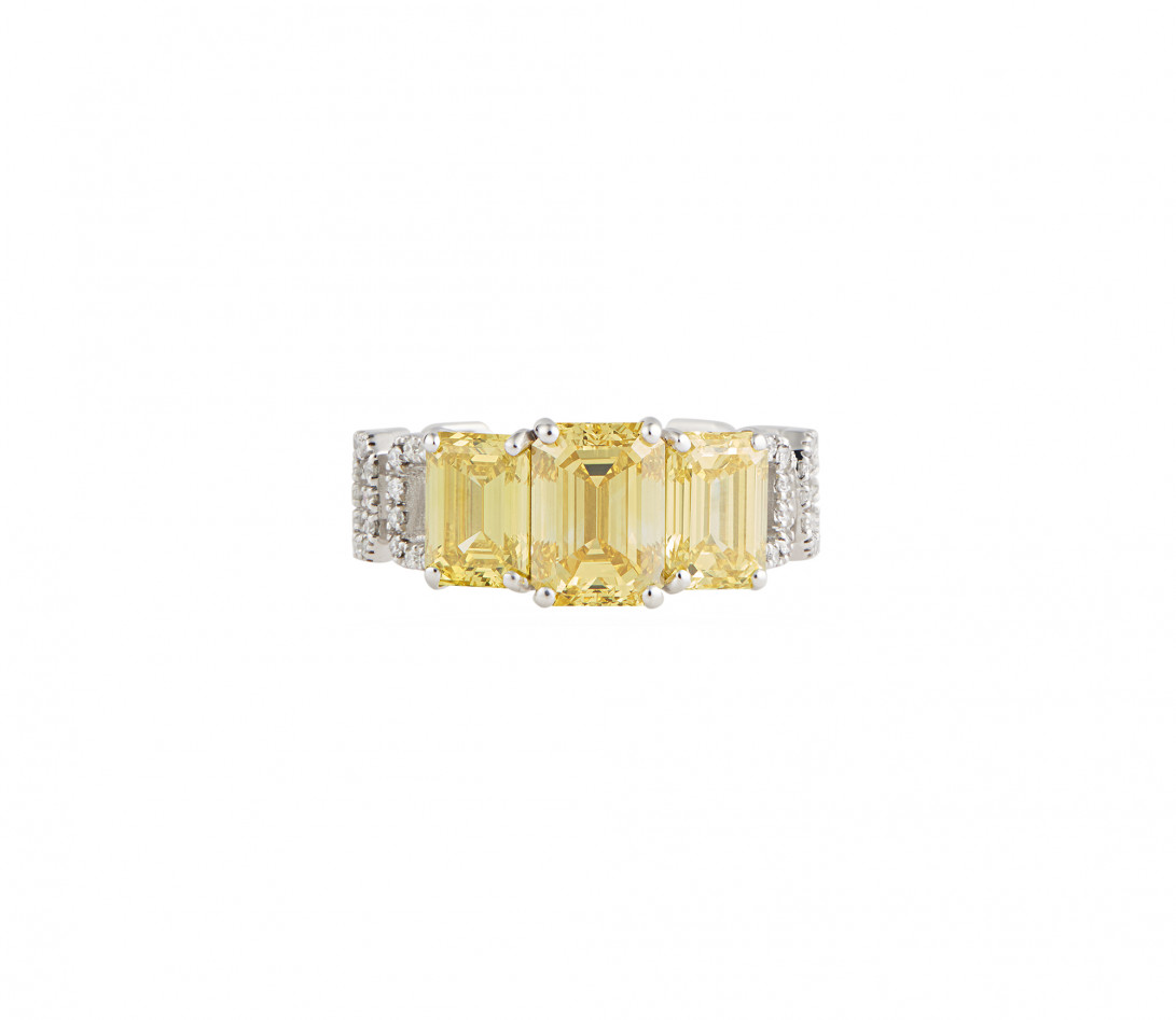 Bague Haute Joaillerie - Or blanc 18K (4,10 g), diamants jaunes et blancs 4,10 cts - Face