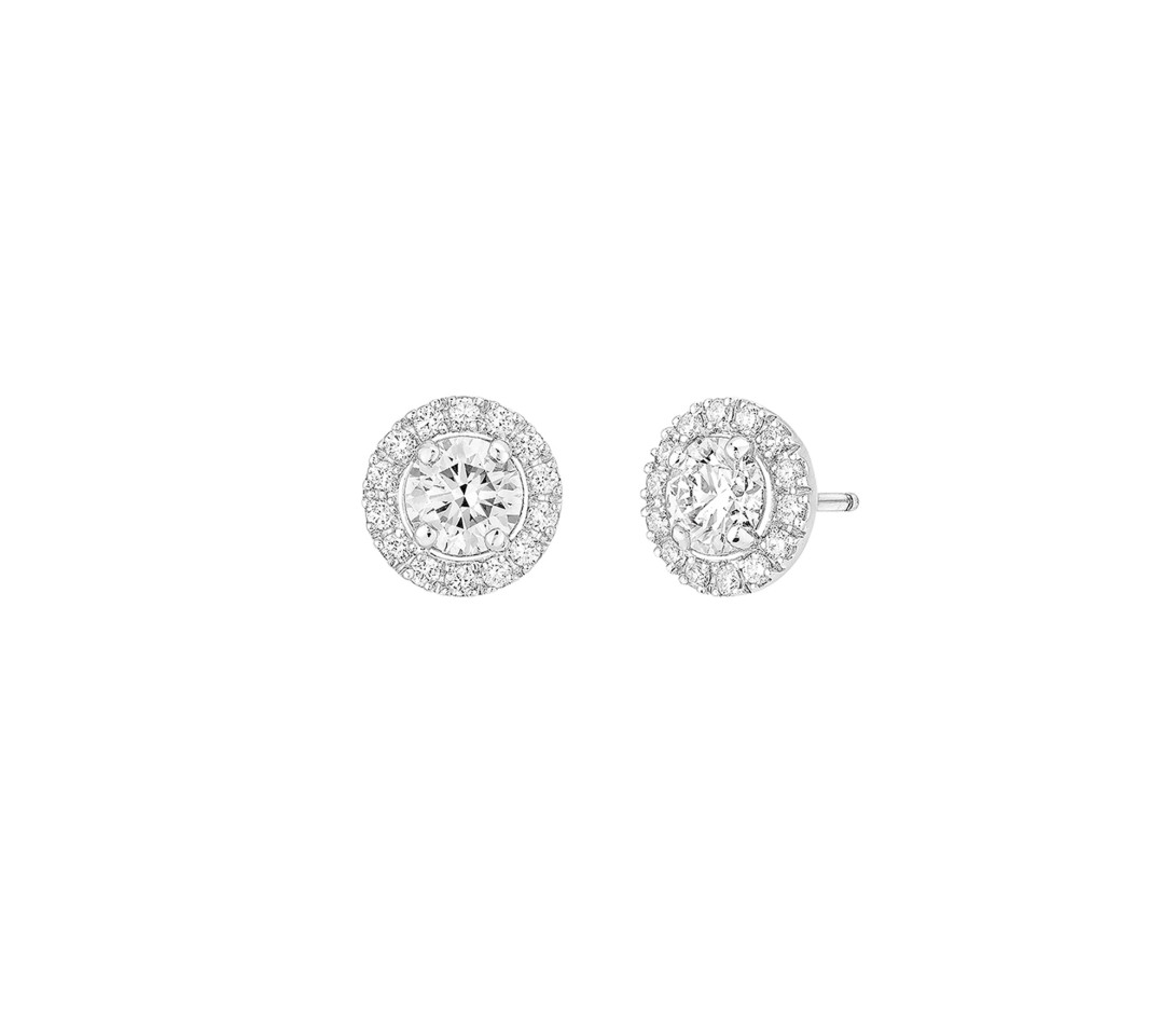 Boucles d'oreilles puces Halo en or blanc et diamants de synthèse 1,5ct